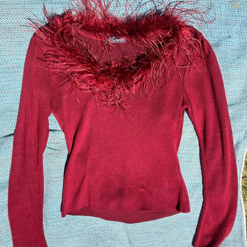 Mandee Vintage Sweater with Feather Trim- Small